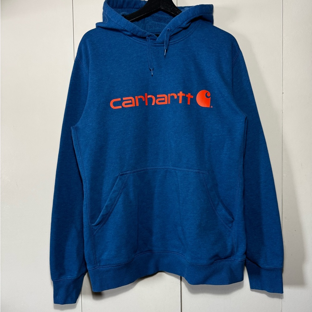 Carhartt Men's Hoodie in Blue with Orange Logo